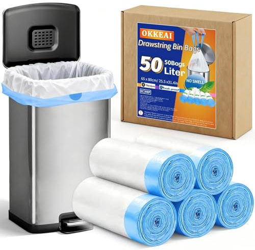 OKKEAI White Bin Bags 50L Drawstring Tall Kitchen Waste Bin Liners, 50 Counts Heavy Duty Trash Bags with Tie Handles, Tear-Resistant, Ideal for Kitchen & Household Use