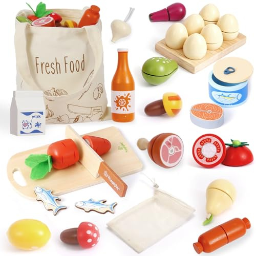 SIMPLIPLAY Wooden Play Food Set for Kids, Pretend Play Kitchen Accessories | Play Food Sets for Kids Kitchen, Toddler Cutting Set with Fruits Vegetables Meat Cooking Toys, Boys Girls Gift Christmas
