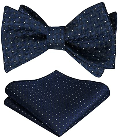 Alizeal Men Silver Dot Wedding Pre-tied Bow Tie and Hanky, Dark Navy