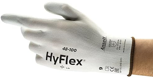 Ansell HyFlex 48-100 Dünne Arbeitshandschuhe mit PU Beschichtung, Leichte Schutzhandschuhe für Präzises Arbeiten, Heimwerk, Montage, Handschuhe Herren Damen, Weiß, Größe L (12 Paar)