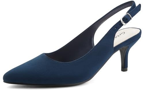 Greatonu Womens Court Shoes Low Kitten Heels Slingback Pointed Toe Dress Pumps Blue
