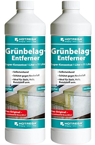 HOTREGA Grünbelagentferner 1:10 Super-Konzentrat 2x 1 Liter | Entfernt Algen & Grünbeläge von Stein, Holz, Kunststoff und Keramik | Säure- & chlorfrei