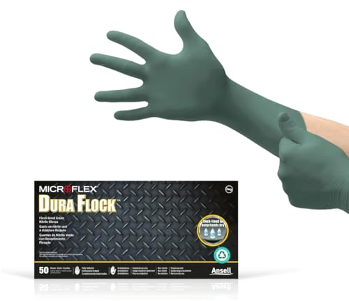 Ansell MICROFLEX Dura Flock DFK-608 Thick 11mil Nitrile Gloves for Automotive, Aftermarket, Machinery - Medium, Green (Box of 50)
