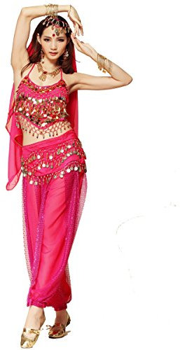 Mejor Dance disfraz de danza del vientre (3 piezas) para mujer cuentas de campanas TOP Harem Pantalones Hip bufanda cinturón