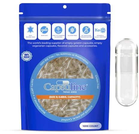 Capsuline Size 0 Empty Gelatin Capsules, Clear - 1000 Count | Gluten Free, Kosher, Non-GMO Certified | Pure Bovine Pill Caps for DIY Supplement Filling - 1000