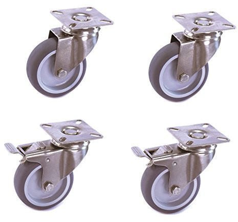 Satz Edelstahlrolle 50 mm Gummi grau spurlos Anschraubplatte mit ohne Bremse V2A INOX Transportrolle Apparaterolle aus Edelstahl Platte