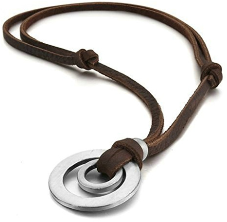 Bishilin Gioielli Uomo Collana con Pendenti da Acciaio Inossidabile 5 * 31MM Doppie Cerchi Catena di Cuoio