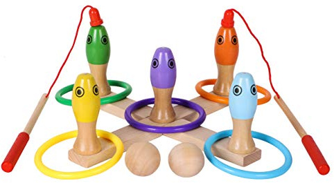 Toys of Wood Oxford anelli da lancio, pesca e birilli di legno 3 in 1 gioco - giocattoli in legno per bambini 3 anni