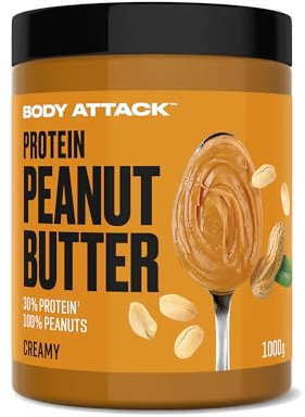 Body Attack Peanut Butter Creamy, 1kg - Erdnussbutter 30% Protein ohne Zuckerzusatz, vegan, ohne palmöl
