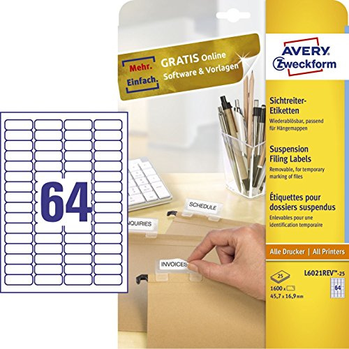 Avery Zweckform L6021REV-25 25 feuilles d'étiquettes enlevables pour dossiers suspendus 45,7 x 16,9 mm (Import Allemagne)