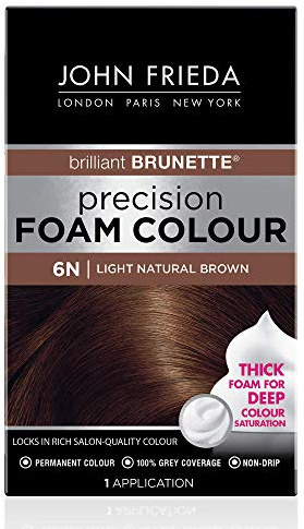 John Frieda Precision Foam Colour, Light Natural Brown 6N, Full-Coverage Hair Color Kit, Anti-Fade Gray Coverage, Deep Color Saturation Hair Dye, 1 Application