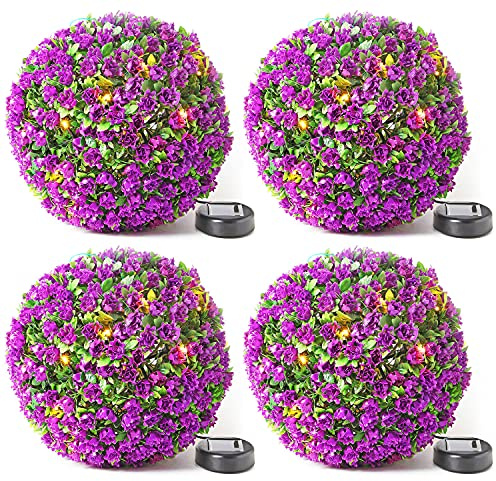 Solalite 4 x 28cm Purple Topiary Balls with 20 Solar LED Lights, Hanging Topiary Ball Lights Sphere Decorative for Wedding Artificial Plant, Backyard Balcony Garden Décor