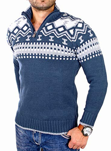 Reslad Herren Strickpullover Crewneck Zipper Norweger Pullover RS-3110 Blau XL
