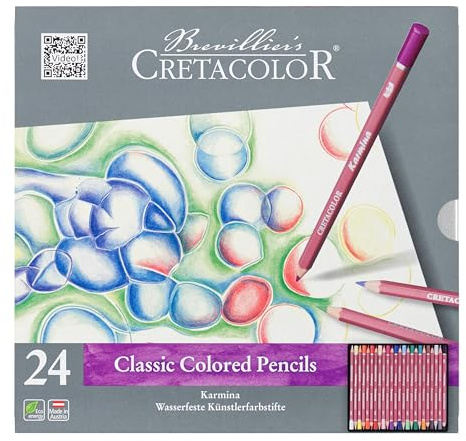 CRETACOLOR Karmina, lápices de artista resistentes al agua, 24 lápices de color, diseño hexagonal, para dibujar y pintar, material de artista, lápices de color, en estuche metálico