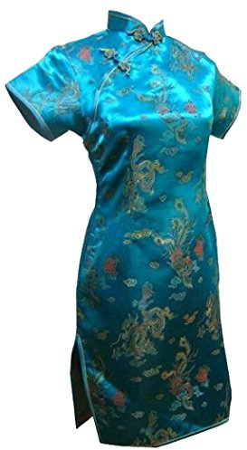 UK Seller Turquoise Dragon & Phoenix Chinese Short Evening Mini Party Dress Cheongsam Qipao Despatch Same Working Day (UK 16)