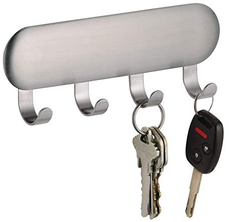 iDesign Coat Hooks with no Drilling, Small Stainless Steel Wall Hooks for Keys and Coats, Practical Stick-on Key Safe Rack, Matte Silver, Key Rack