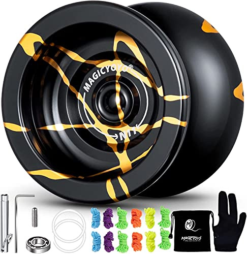 MAGICYOYO N11 Metal Professional Yoyo for Adults, Dual Purpose Unresponsive Yo yo for Stringk Trick, Responsive Yoyo for Kids 8-12 with 12 Yo-yo Strings, Responsive Bearing Kit (Black Golden)