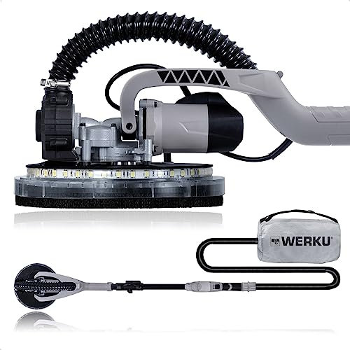 Werku WK403070, Lijadora Circular Paredes-Techos Auto-Aspirante, Calidad Profesional, Potencia 750 W, Disco 225 mm, Sistema Luz LED Visión, Incluye Disco Lijado y Manguera Aspiración