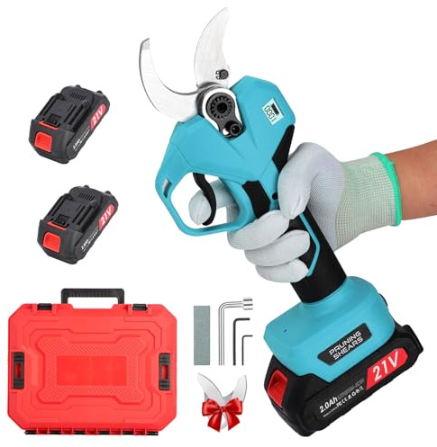 Forbice Potatura a Batteria 50mm: 2 x 21V/2000 mAh Batteria Cesoie Potatura Elettriche Professionali Forbice Elettrica per Potatura con LCD Display per Jardinage, Olives Blu