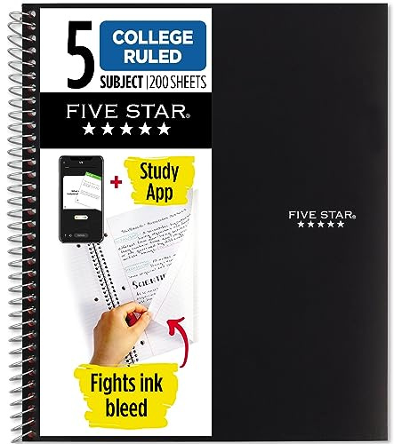 Five Star Spiral Notebook + Study App, 5 Subject, College Ruled Paper, Fights Ink Bleed, Water Resistant Cover, 8-1/2 x 11, 200 Sheets, Black (72081)