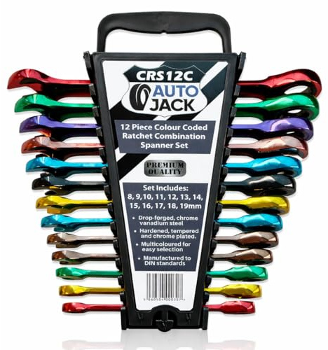 Autojack CRS12C Premium Ratchet Spanner Set, 72-Tooth, Chrome Vanadium Steel, 12 Point Ratcheting Ring, Metric Sizes 8mm-19mm, Fully Polished with Storage Rack