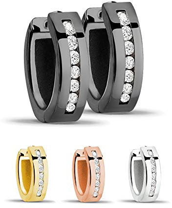 Treuheld® | Creolen/Ohrringe aus 925 Sterling Silber | 4mm x 13mm | Schwarz mit Glitzer - Kristallen | Klappcreolen für Damen | Set Paar
