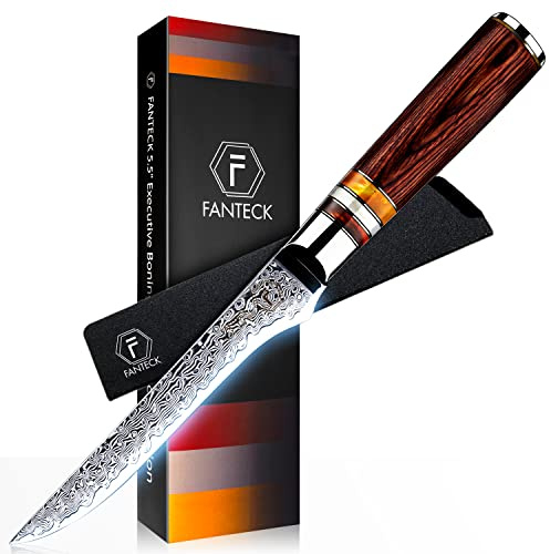 5.5 Boning Knife Fillet Knife Damascus Japanese Pro High Carbon Steel Sharp Curved Flexible Blade Kitchen Cleaver for Fish Poultry Chicken Meat Cutting with Sheath[Gift Box] Pakkawood Handle