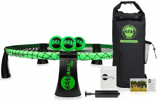 bamball® Roundnet Pro Set (Turnier Edition) con 3 palline di nuova concezione, zaino impermeabile, rete migliorata, parti rinforzate del telaio e pompa per palloni