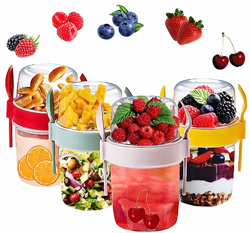 VL Yogurt Pots Reusable Overnight Oats Container with Spoon & Fork BPA free Breakfast Pots to GO Muesli Cereal On the Go Dishwasher Safe Lunch Box Oatmeal Jars ((Red, Pink, Grey & Yellow), 1100ml)