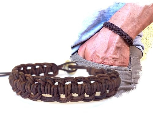 LuZ ITALY Pulsera para hombre en piel de búfalo cruda tejida a mano - Ajustable - Marrón oscuro