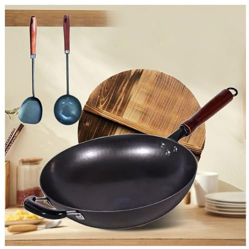 HAZARA Grill Wok, Wok Gusseisen Nein Beschichtet Traditioneller Handgehämmerter Wok, Wok Brenner Gas Spezieller Rundboden Wok für Gasherd,13.4in