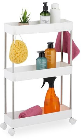 Relaxdays Nischenwagen, 3 Etagen, schmales Nischenregal für Küche & Bad, HxBxT: 62 x 41,5 x 14,5 cm, Rollregal, weiß