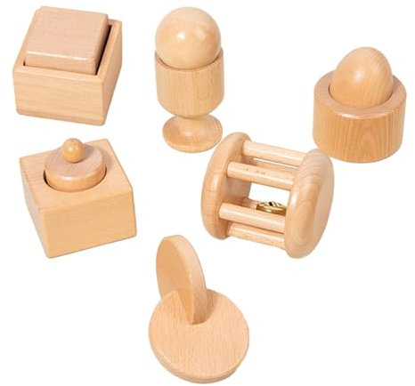 F Fityle 6 pièces Jouets en Bois pour bébé coquetier Puzzle bébé préscolaire Clochette en Bois hochet en Bois avec Cloche pour Cadeau d'anniversaire de fête