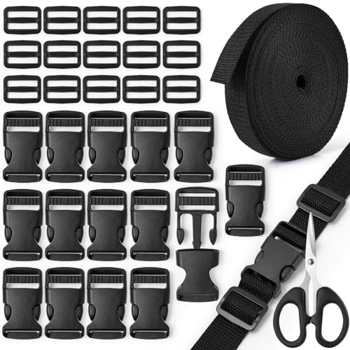 Amentalove 10 Meters Nylon Webbing Strap, Backpack Chest Strap with 15 Tri-Glide Slides Clip,15 Flat Side Release Buckles and 1 Scissor, Heavy Webbing Strap for DIY Bags Backpack Cargo Strapping
