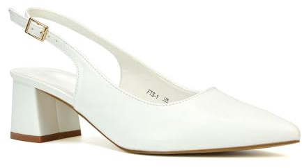 Womens Court Shoes Ladies Block Low Heel Point Toe Slingback Evening White Synthetic Leather Classic Pumps Shoes Size 8