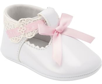 SIRRI Baby Girls Patent Christening White Shoes with Lace & Ribbon - Perfect for Baptism and Special Occasions Size UK Infant 4