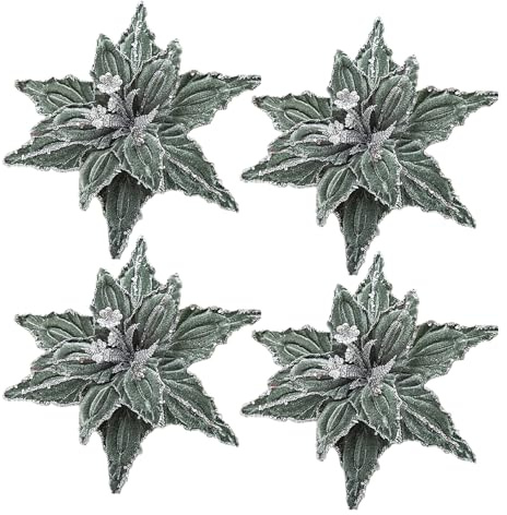 Mokylor 4 st julstjärnor i sammet, 25,4 cm stora konstgjorda julstjärnor blommor glitter julstjärna blomprydnader för gör-det-själv julgranskrans hem nyårsfest (B)