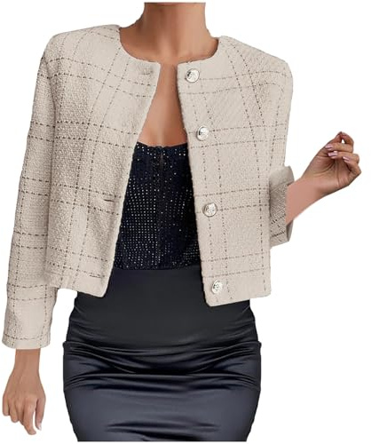 Klijuiaup Women's Tweed Cropped Blazer Jacket Plaid Pattern Round Neck Single Breasted Business Blazer Autumn Winter Ladies Open Front Work Office Coat Khaki