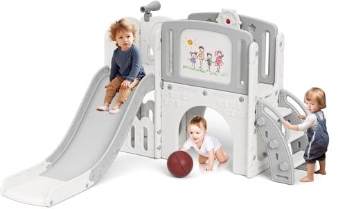 XJD 9 in 1 Kinder Rutsche für 1-3 Jahre Outdoor & Indoor,Babyrutsche mit Basketballkorb,Freistehende Rutsche,Kletterleiter, Spielteleskope, Reißbrett usw. Kleinkind Spielplatz Gartenrutsche(Weißgrau)