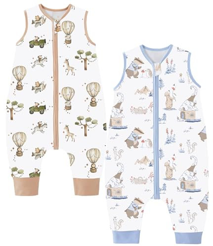 Chilsuessy 2er Pack Baby Schlafsack Sommer mit Füßen 0.5 Tog 100% Baumwolle Kinder Sommerschlafsack für Jungen und Mädchen, Blau Tiere + Heißluftballon, 80cm/Baby Höhe 90-100cm
