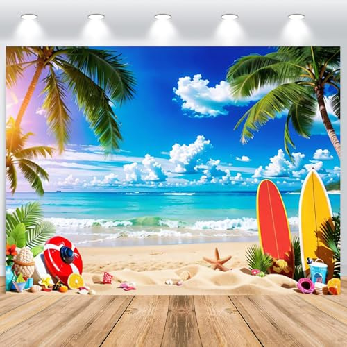 ASDCXZ Hawaii strand fotobakgrund 2,5 x 1,8 m, sommar tropiska blommor palmer surfbräda tiki Aloha tema fotografi bakgrund Hawaiian Luau födelsedag party dekoration banderoll studio rekvisita