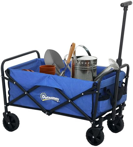 Outsunny Carro Playa con Ruedas Carro de Jardín Plegable con Asa Telescópica Ajustable 2 Bolsas de Almacenaje Carga 100 kg Carrito Transporte para Todo Terreno Jardín Campaña Compra Azul