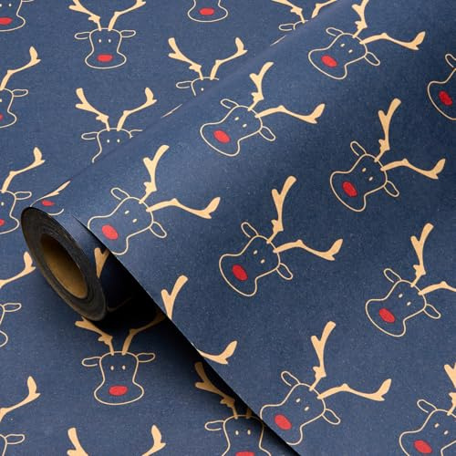 15M Blue Gift Wrapping Paper Roll, 43CM Recyclable Kraft Gift Wrap Paper Print with Elk for Christmas Birthday Gift Decoration