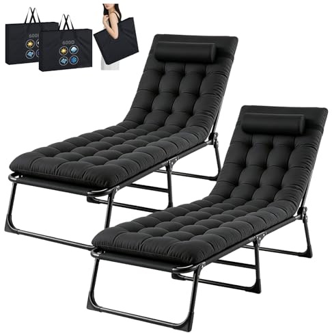 TRIOBLADE Set of 2 Heavy Duty Folding Garden Sun Lounger 22mm Steel Frame Support 264lbs 4-Position Adjustable Folding Chaise with Pillow Sun Bed with Cushion For Beach, Garden, Pati (2PCS, Black)