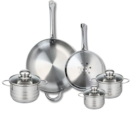 ELO 9879850 Batterie de cuisine 5 pièces, Ensemble de 2 Poêles de cuisson 24 et 32 cm et 3 faitouts 12, 14 et 16 cm Elo Profi Brillant, inox, induction