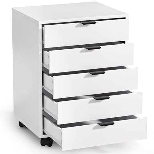 ELUCHANG Schubladenschrank, Rollcontainer, Mobiler Aktenschrank mit 5 Schubladen, Unter Schreibtisch SchrankBüro, Schubladenkommode für Zuhause Büro, Homeoffice, Weiß