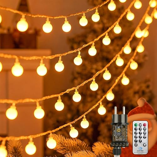 SOAIY Catena Luminosa a Sfera con Telecomando 13M 80 LED，Ghirlanda di Luci 8 Modalità, 3 Timer, Catena Luminosa Esterna/Interna Impermeabile, per Camera da Letto, Giardino, Natale, Bianca Calda