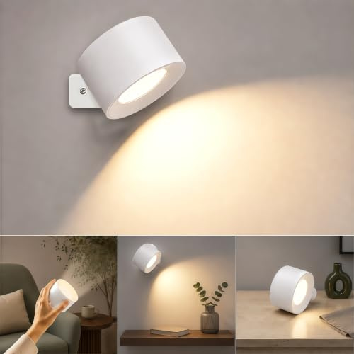 Beuaati LED Wall Light, Wall Lamp with 3 Brightness Levels, 3 Color Modes, 360° Rotate Magnetic Ball, Touch Control, Indoor Battery Wall Light for Bedroom, Reading, Living Room(1 Pack)