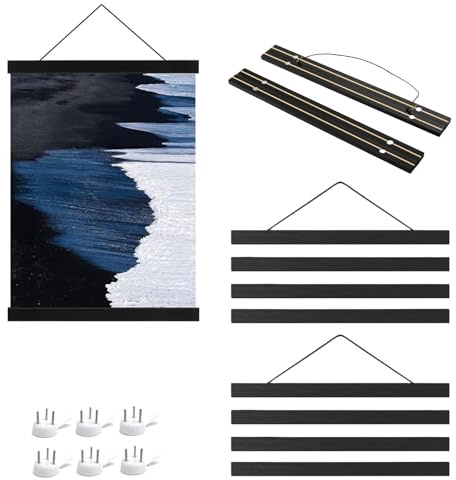 TIANLIN Pack of 3 Poster Rails A3, 31 cm Wooden Rail Black, Magnetic Poster Rail with Hanging Cord & Invisible Picture Nails - for Hanging Posters, Photos & Art Prints