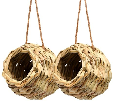 Haofy Casa para Pájaros Colgante, 2 uds., Forma de Bola Tejida a Mano, Casa Nido de Césped Natural para Jardín, Patio, Césped, Oficina, Decoración Al Aire Libre
